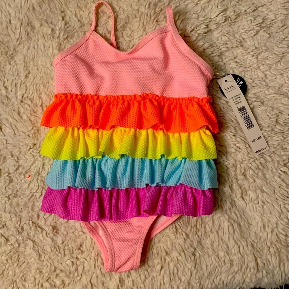 Nicole Miller size 18 months little girl one piece neon ruffle layer Bathingsuit